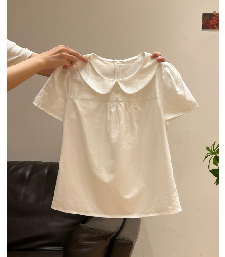 เสื้อสีขาวคอตุ๊กตาลําลองหลวมเสื้อแขนสั้น  101823
