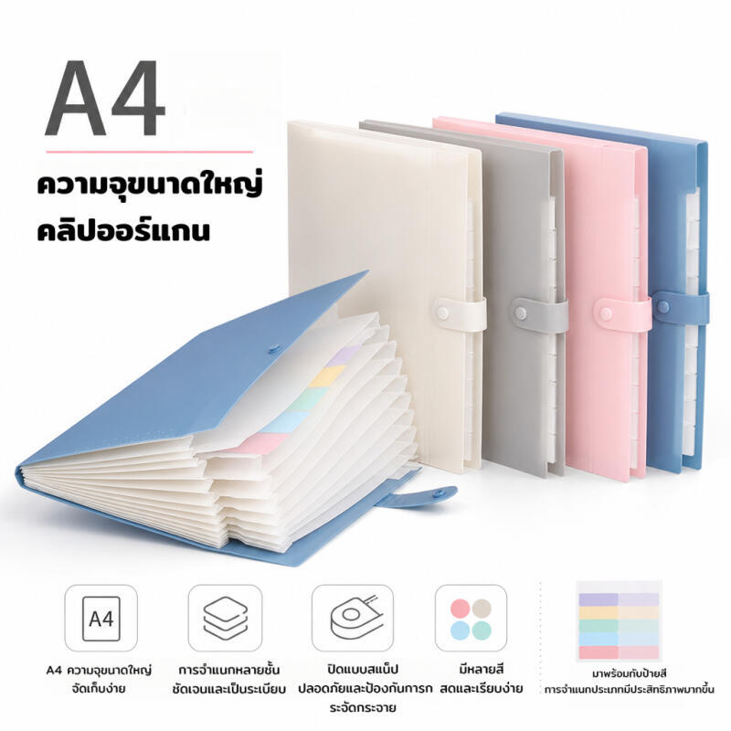 คลิปออร์แกนสีมาการอง A4 กระเป๋าเก็บกระดาษทดสอบนักเรียน โฟลเดอร์จำแนกหลายชั้น ถุงจัดระเบียบข้อมูล