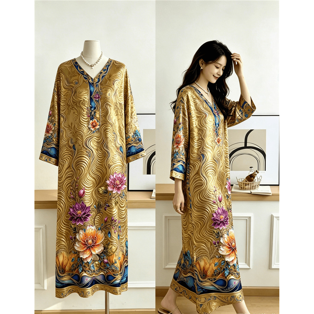 ชุดเดรส Kaftan พิมพ์ลายดอกไม้ Golden Luxe, ชุดเดรสแม็กซี่ทรงหลวมแขน 3/4 สไตล์ชาติพันธุ์ที่หรูหราแปลกใหม่