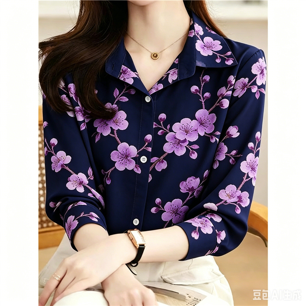 กองทัพเรือสีม่วงดอกพลัมพิมพ์ปกเสื้อผู้หญิงแขนยาวปุ่มลงเสื้อหรูหราเสื้อลําลอง
