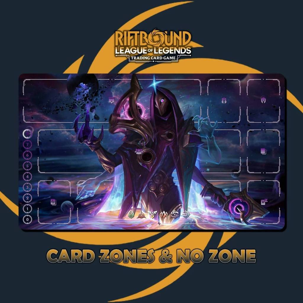 Playmat Jhin Dark Cosmic Riftbound TCG Mousepad LOL เย็บขอบอะนิเมะเกมกับตาราง 350x600x2 มม.