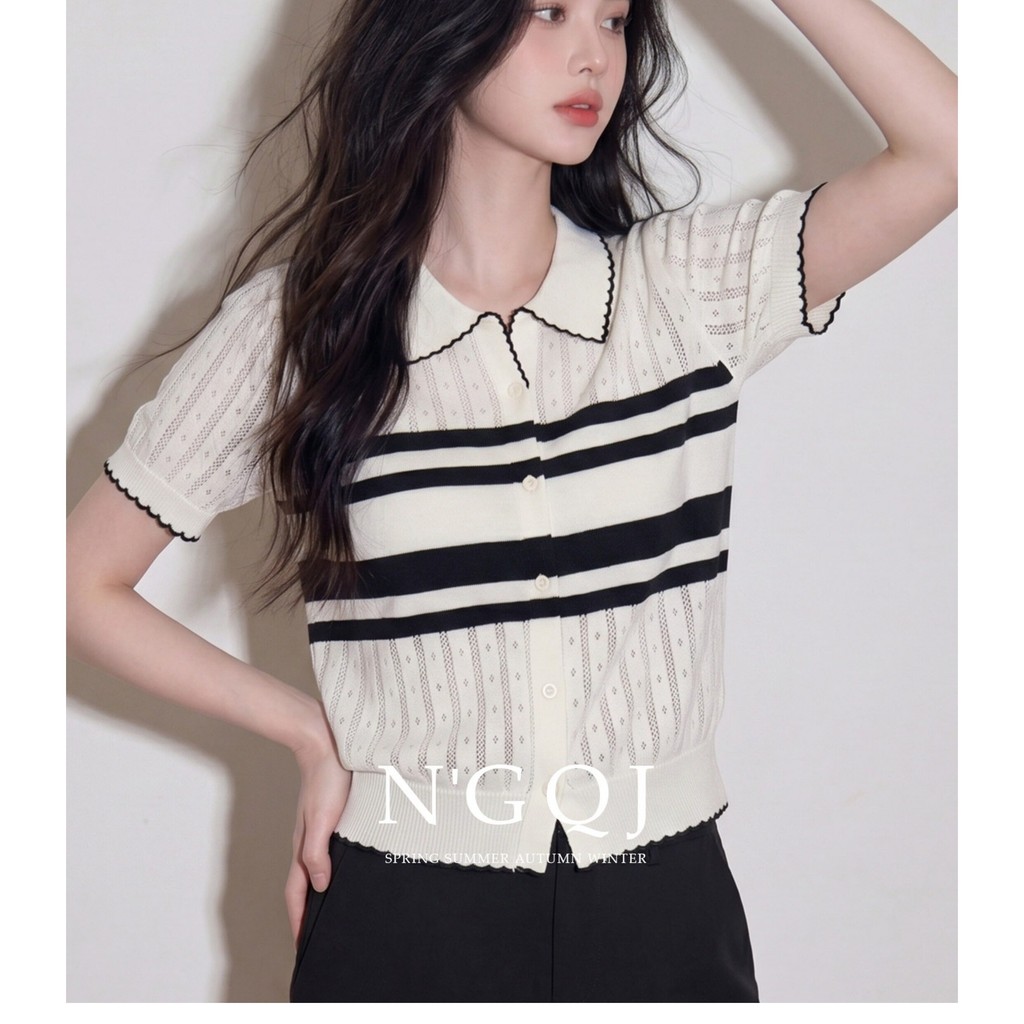 เสื้อยืดแขนสั้นผ้าถักกลวงลายทางสีตัดกันปก   101992