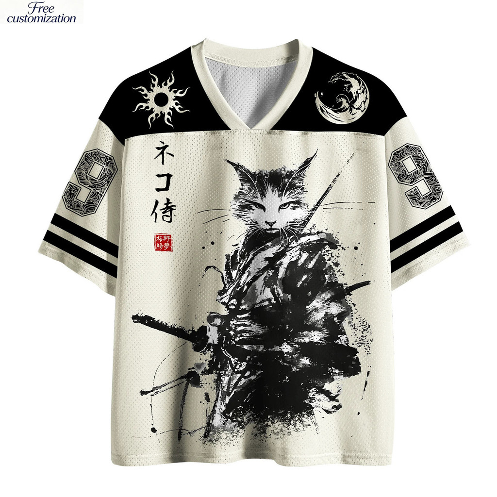 เจอร์ซีย์ลายแมวซามูไรญี่ปุ่นพร้อมเสื้อกีฬาตาข่ายพิมพ์หมึก, ชุดสตรีทสําหรับผู้ใหญ่และเด็ก