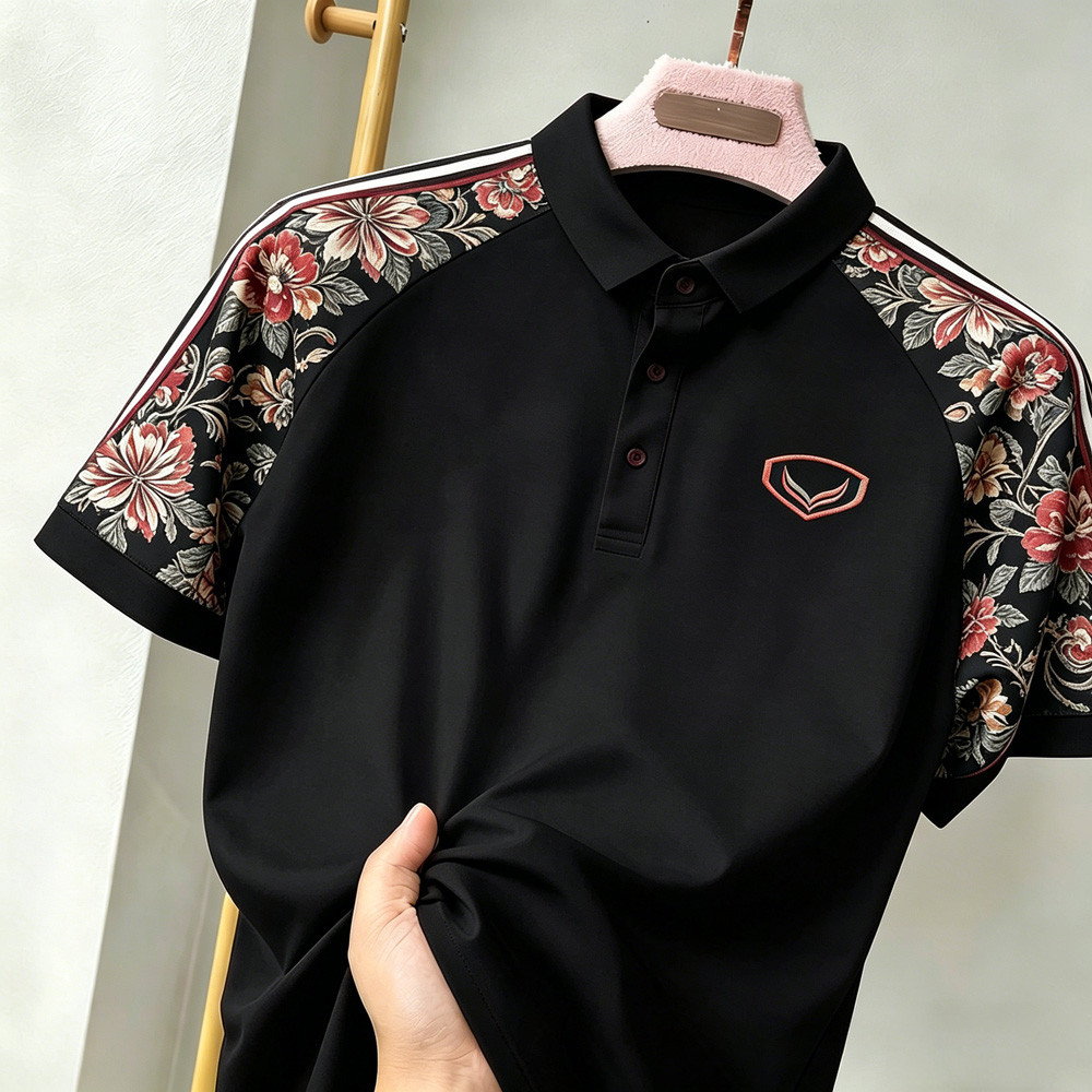 เสื้อโปโลพิมพ์ลาย 3ง สําหรับผู้ชายแขนดอกไม้ ประกบกัน ออกแบบธุรกิจลําลองแขนสั้นด้านบน