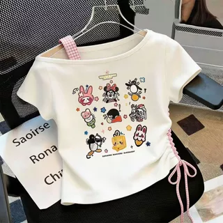 เสื้อยืดพิมพ์ลายสําเร็จรูปสําหรับเด็กผู้หญิงฤดูร้อนสไตล์เกาหลีแฟชั่นและเสื้อลําลองเปิดไหล่