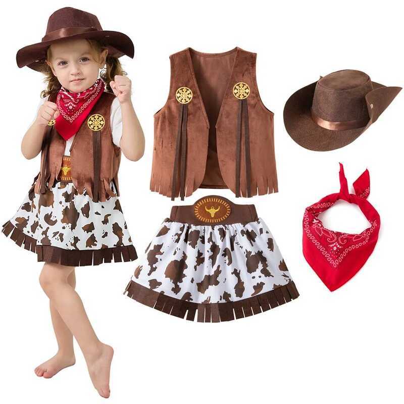 C Cowboy Costume For Girls Purim Halloween Toddler Child Cowgirl Cosplay Vest Skirt Party Fancy Dre