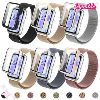กรณีพีซี + สายรัดโลหะลูป Milanese for Huawei Band 11 / 11 Pro /10 9 8 NFC ป้องกันหน้าจอฝากกันชนแม่เหล็กสแตนเลสสายพาน