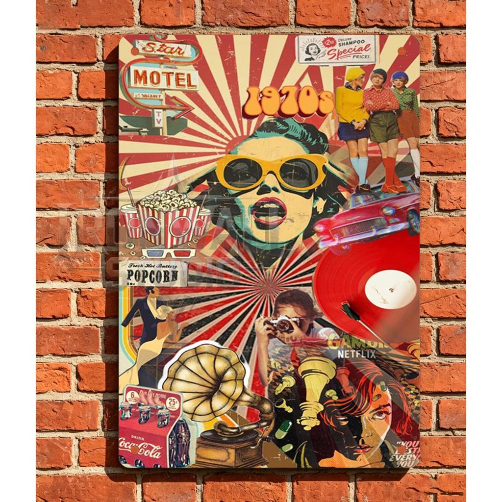 1970s Retro Pop Collage ป้ายโลหะแว่นตากันแดดผู้หญิง, แผ่นเสียงไวนิล Popcorn - Nostalgic Music & Movi