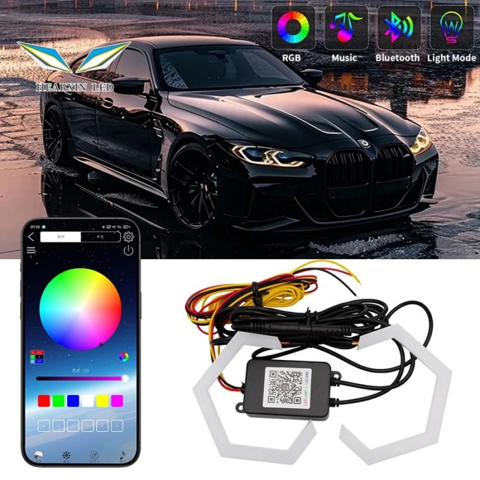2PCS 9V-30V RGB APP Control Hexagon Angel Eyes Halo Rings Retrofit Headlight Car Motorcycle White D