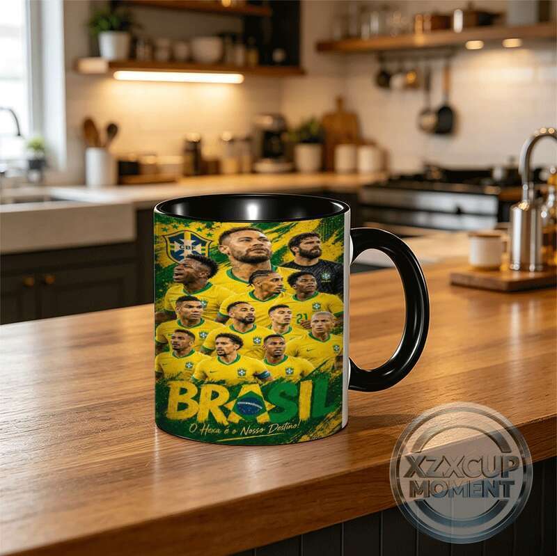 Brazil Squad Collage Mug Yellow Jersey Players Group พร้อม "BRASIL" Text & "O Hexa é o Nosso Destino