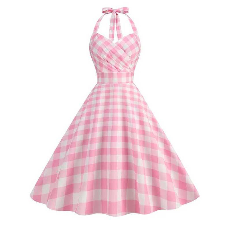 C Elegant Pink Plaid Printed Party Dress Women Summer Halter High Waist 50S Vintage Fit And Flare B
