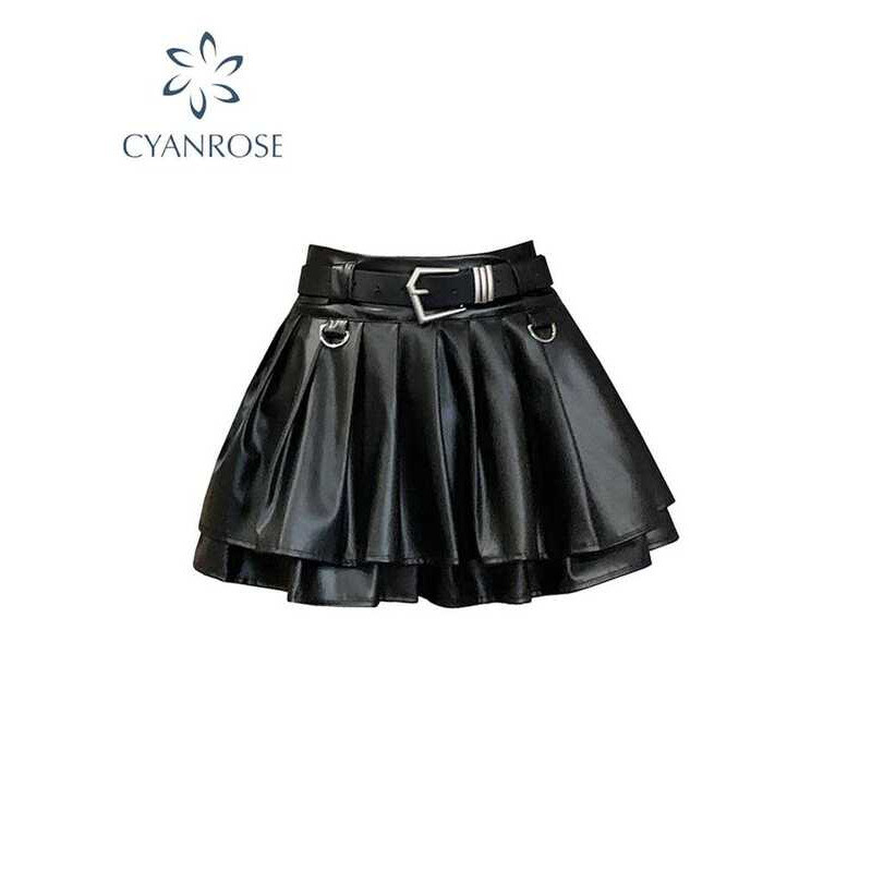 C Women Black A-E Leather Skirt Vintage Aesthetic Y2k Pleated Skirt Harajuku Korean Gothic Mini Ski