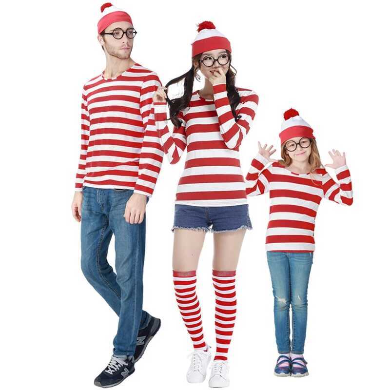 C [Xalu] Parent-Child Cartoon Where Is Wally Waldo Costume Waldo Book Week Cosplay Outfit Stripe Sh