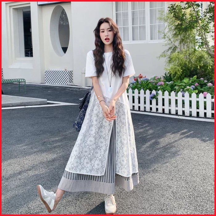 เดรสเสื้อยืดแขนสั้น คอกลม ปักลูกไม้ ต่อผ้า หลวม ดูเพรียว ดูเด็ก ไซส์ใหญ่150กิโลกรัมหรูหราลุคขี้เกียจ