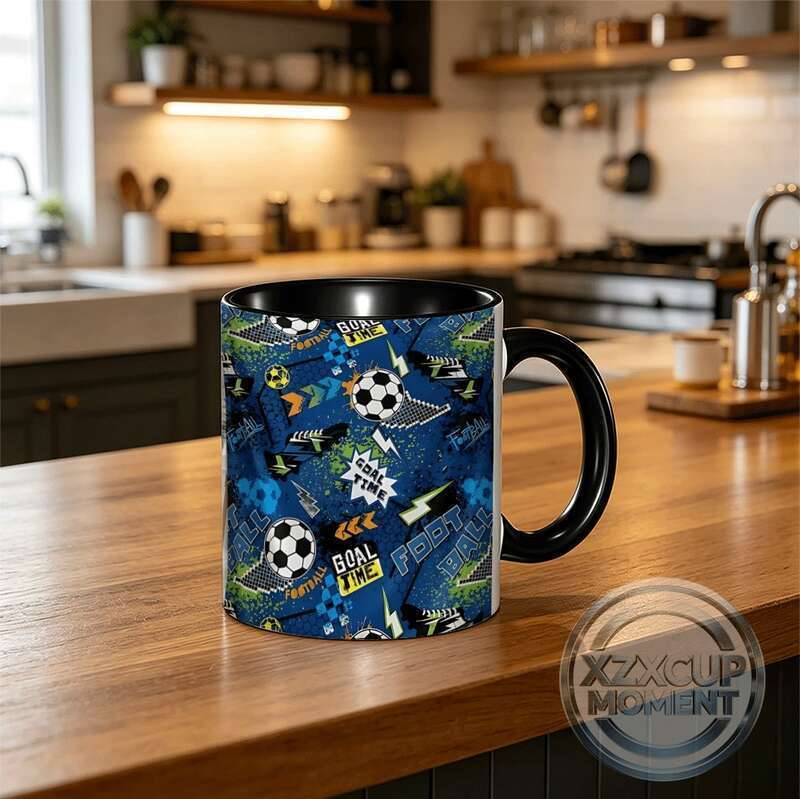 แก้วมัคลายฟุตบอลย้อนยุคพื้นหลังสีน้ําเงินเข้มพร้อมข้อความ "Goal Time" & Classic Ball Icons - ถ้วยสไต