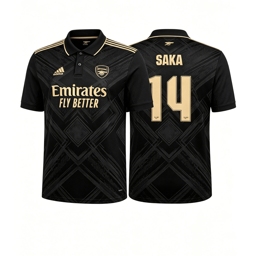 อาร์เซนอล SAKA #14 ชุดเสื้อฟุตบอลสีดําทองสไตล์แขนสั้น/แขนกุด/โปโลสําหรับผู้ชายแฟนระบายอากาศได้ดี