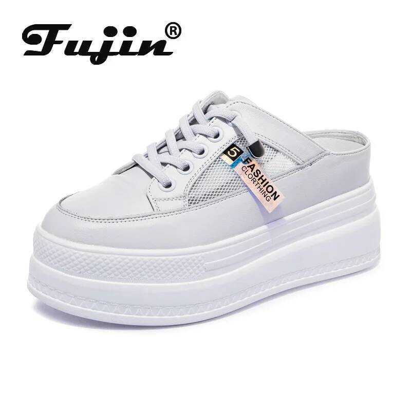 C Fujin 2024 Genuine Leather Women Summer Shoes 8Cm Platform Wedge Sneakers Beach Shoes Sandals Mul