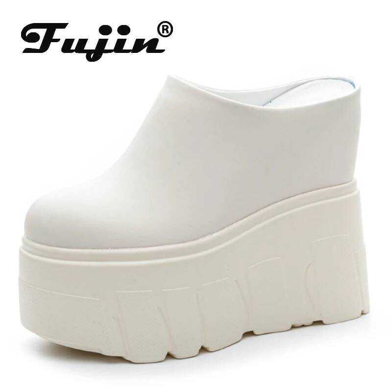 C Fujin 14Cm Ladies Summer Shoes Slip On Genuine Leather Fashion Women Wedge Slipper Platform Wedge