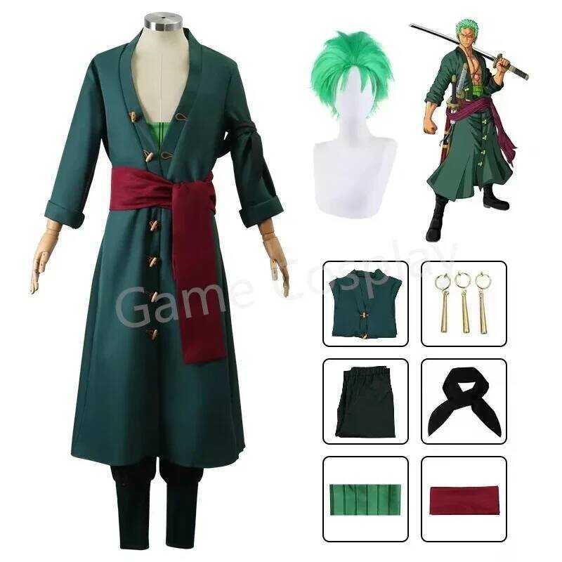 C Anime Roronoa Zoro Cosplay Costume Uniform Green Coat Pants Head Scarf Roronoa Zoro Wig Earrings