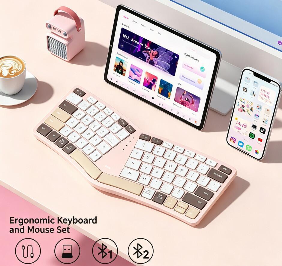 BOW คีย์บอร์ดไร้สายแบบชาร์จไฟได้ Tri-mode Ergonomic Bluetooth Keyboard สําหรับแล็ปท็อปพีซีแท็บเล็ต