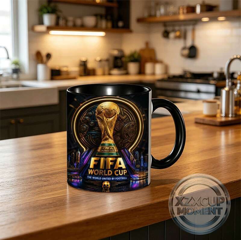 FOOTBALL World Mug ถ้วยรางวัลสีทองพร้อม "FOOTBALL WORLD CUP" Text & City Skyline - ถ้วยกิจกรรมฟุตบอล