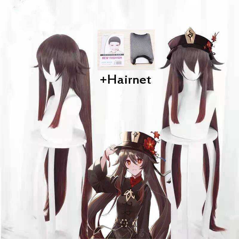 C Genshin Impact Hu Tao Cosplay Wig Hairnet 80Cm Game Cos Genshin Impact Wig Hu Tao Cosplay Brown H