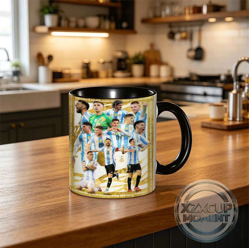 Argentina Golden Era Collage Mug ผู้เล่นหลายตัวในเสื้อสีน้ําเงินและขาว Celebrating with Gold Accents
