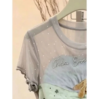 ฤดูร้อนสไตล์ใหม่หวานน่ารักสไตล์ลายจุดกระต่ายพิมพ์เสื้อยืดผู้หญิงฤดูร้อนเร้าใจขนาดใหญ่แขนสั้นด้านบน