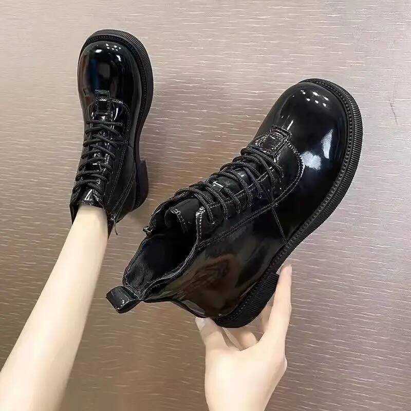 C Black Short Shoes For Women Female Ankle Boots Lace-Up With Laces Leather Round Toe Footwear Boot