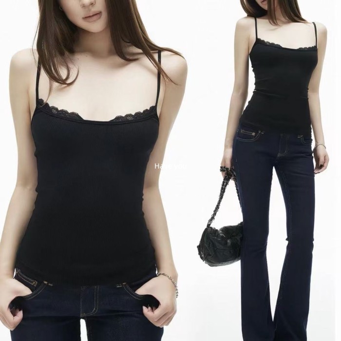 Have you Black Basic Flat Neck Lace Embellishment Thin Shoulder Strap Hot Girl Camisole