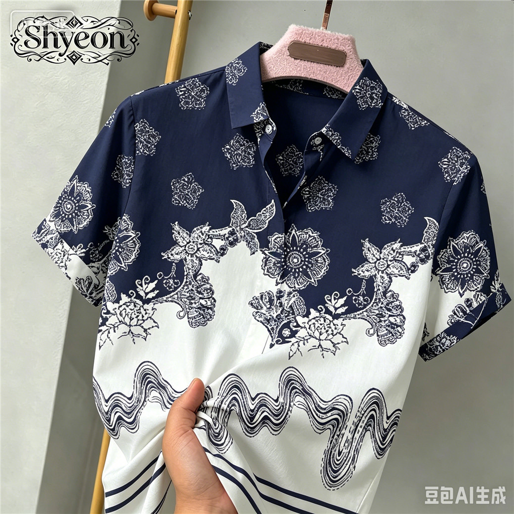 เสื้อเชิ้ตแขนสั้นพิมพ์ลายเถาวัลย์ลายดอกไม้สีฟ้าสําหรับผู้ชายลําลองฤดูร้อนด้านบน