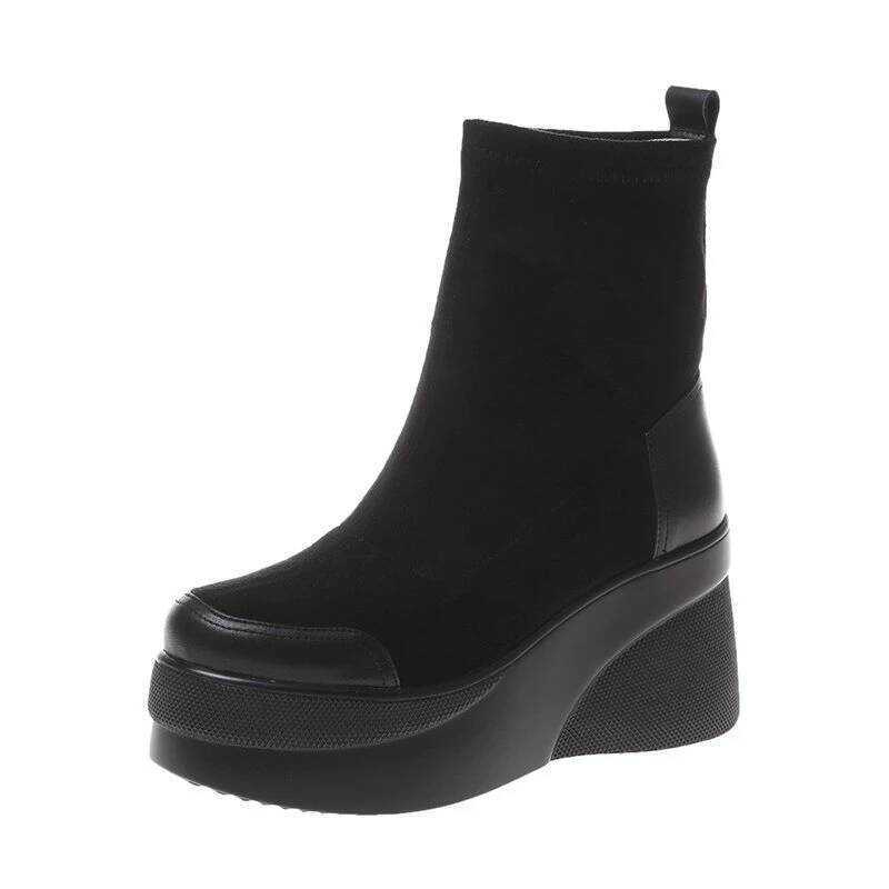 C Women's Boots 2022 Autumn Winter Botines Chelsea Short Platform Shoes Chunky Elegant Ankle Black