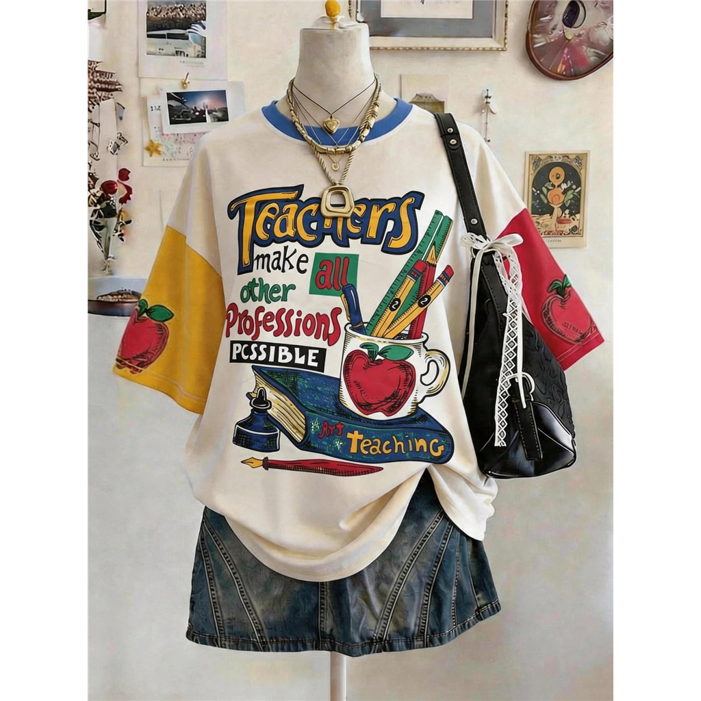 เสื้อยืดคอกลมโอเวอร์ไซส์ผู้หญิง แขนตก แฟชั่นมินิมอล พิมพ์ลายดิจิตอล กลางความยาว เหมาะกับวันครู หรือเป็นของขวัญให้เพื่อน