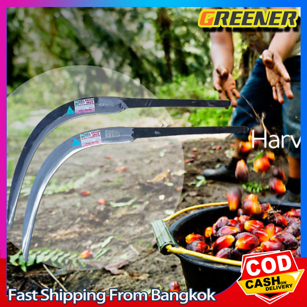Greener (ขายดี)เคียวตัดปาล์ม 2in1เคียวเหล็กแมงกานิส ใช้เหล็กเยอรมันแท้ ผลิตจากประเทศมาเลเซีย เหล็กแข็ง58องศา