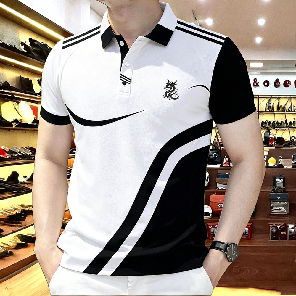 เสื้อโปโลพิมพ์ลาย 3D สําหรับผู้ชาย Dynamic Stripe Graphic Tee Sporty Casual Collared Top 01