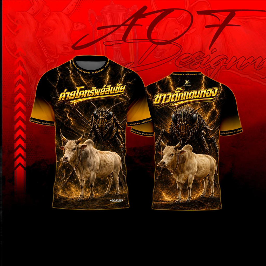 เสื้อวัวชนสีทองดำ ลายจิ้งหรีดฟ้าผ่า โพลีเอสเตอร์แห้งไว เสื้อยกค่ายโคพันธุ์ขาว พิมพ์เต็มตัว