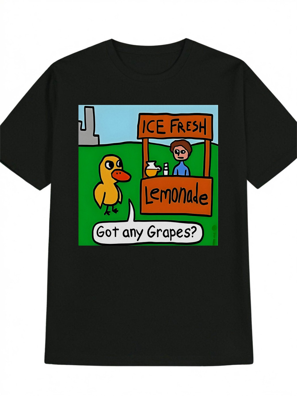เสื้อยืดคอกลมลําลองผู้ชายพร้อม Duck Lemonade Stand Graphic - "ICE FRESH Lemonade" & "Got Grapes?" ออ
