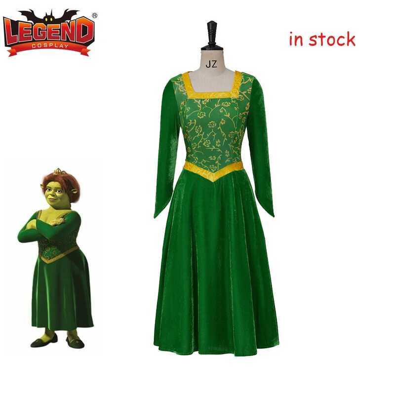 C [ Deals] Princess Fiona Costume Shrek Cosplay Green Velet Dress Halloween Fancy Dress Outfit For