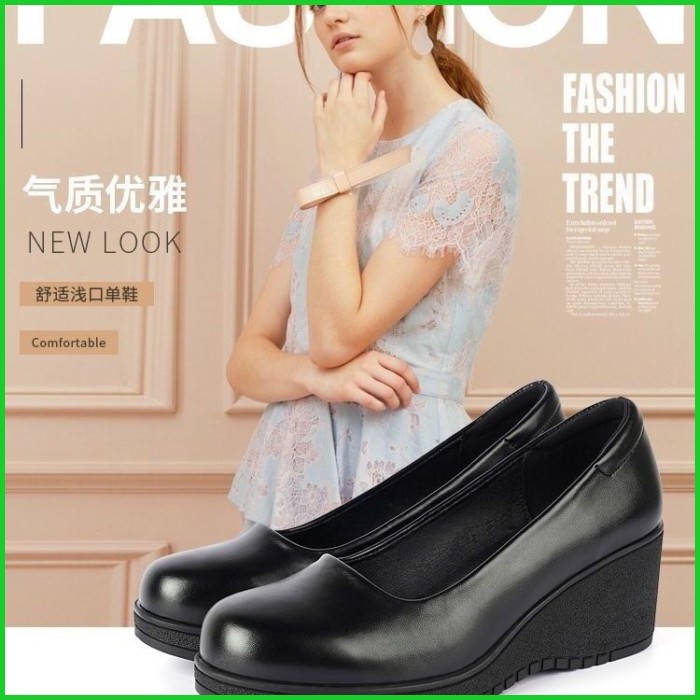 35-41รองเท้าหนังสังเคราะห์ หัวมน รองเท้าทำงาน รองเท้าคุณแม่ รองเท้าแอร์ใส่สบายสีดำปากตื้นสวมง่าย