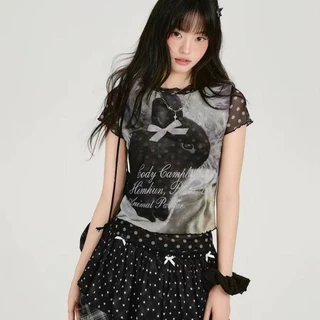 American Retro Hot Girl Gauze พิมพ์เสื้อยืดแขนสั้นผู้หญิงฤดูร้อนสไตล์ใหม่ Polka Dot Slim-Fit Top