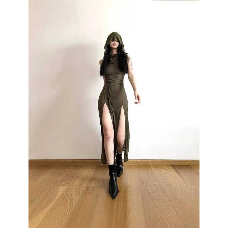 C Y2k Dress Women Clothes Solid Color Sleeveless Hollow Out Back Slit Hooded Dress 2000S Halloween