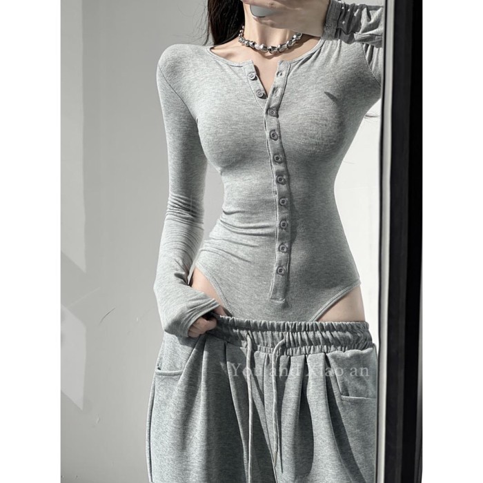 Jumpsuit ชุดชั้นในสตรี Bottoming เสื้อ High-End Slim-fit แขนยาวยืดด้านบน