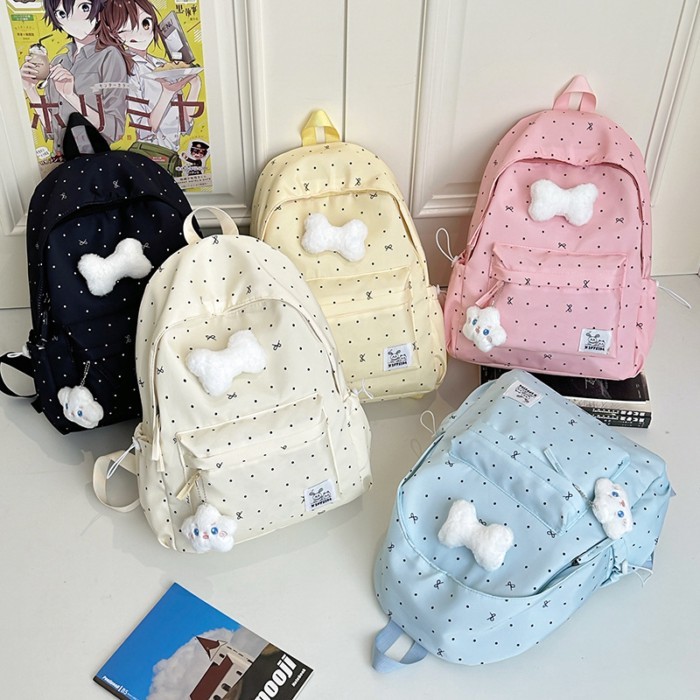 กระเป๋าเป้สะพายหลังนักเรียนหญิง Junior High School Polka Dot Bow Girl Heart School Bag All-Match Campus Backpack