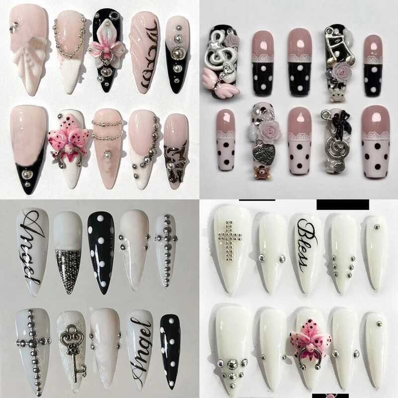 C 10Pcs Y2k Stiletto 3D Wer Punk Bolt Press On Nails English Letters Steel Ball Fashion High-End Ha