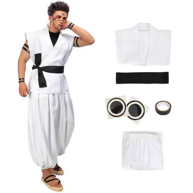 C DAZCOS Ryomen Sukuna Costume White Kung Fu Suit With Tattoo Stickers Ryomen Sukuna As Megumi Show