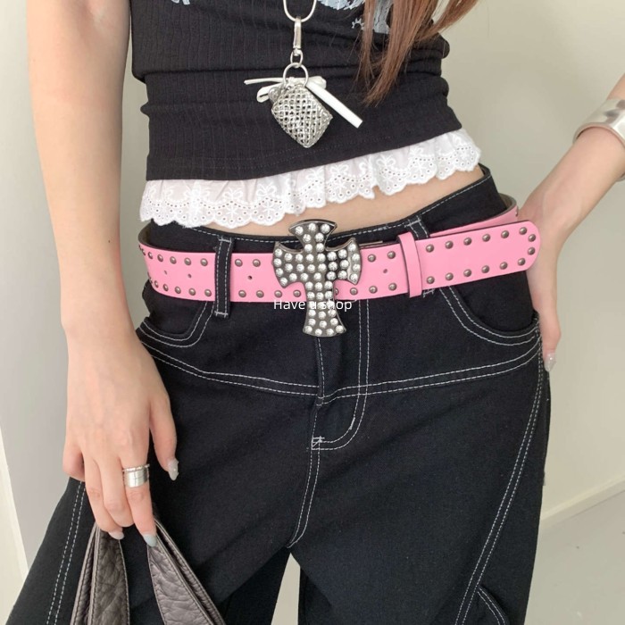 Have u shop Millennium Style Retro Rivets Cross Pink Belt Female Hot Girl Style Y2K Rhinestone Metal