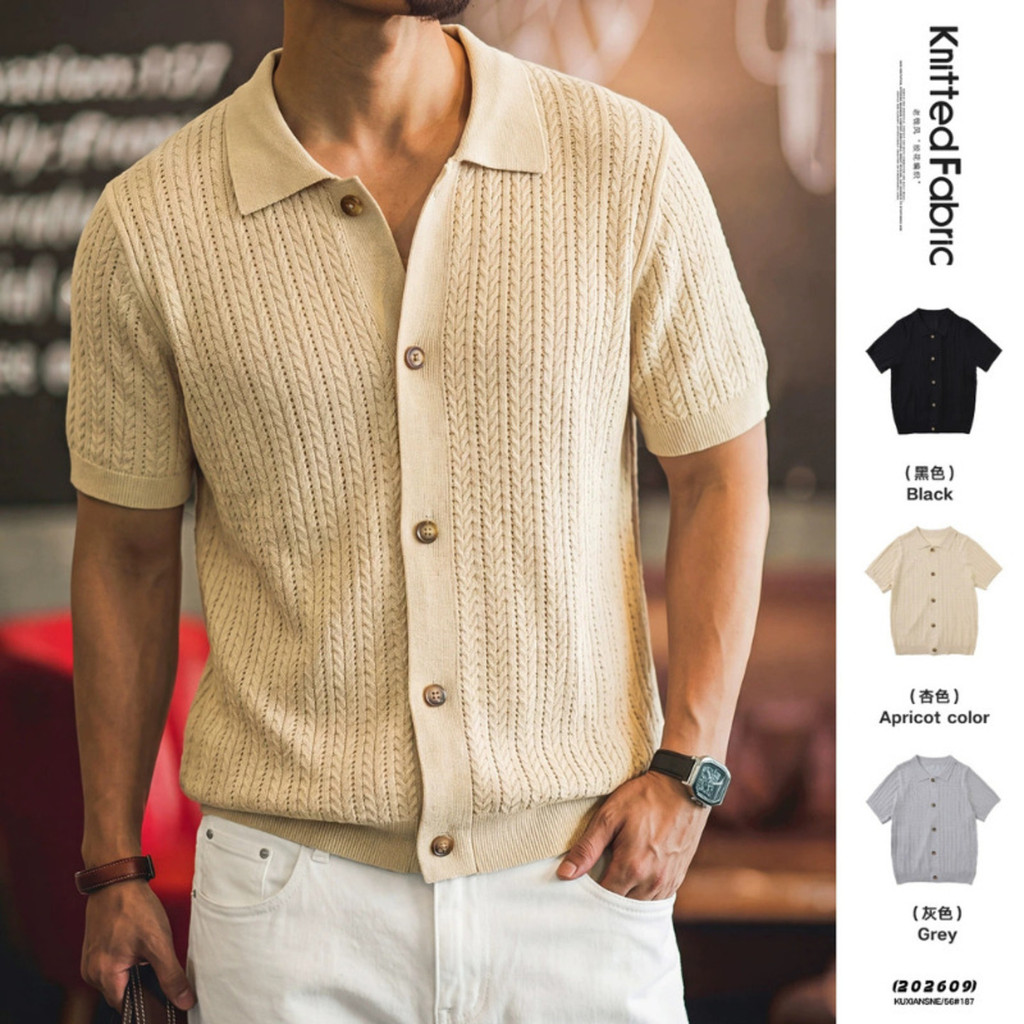 Wuluwear American Retro Twisted ถักเสื้อโปโลผู้ชายฤดูร้อนสไตล์ใหม่หลวม Breathable Lapel Casual Commuter แขนสั้นด้านบน