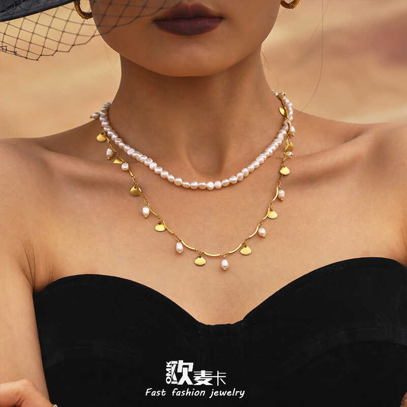 สร้อยคอมุกน้ําจืดOmaka สไตล์ฝรั่งเศสรอบคออ่อนโยน มีลูกปัดเนื้อกระดูกและโซ่