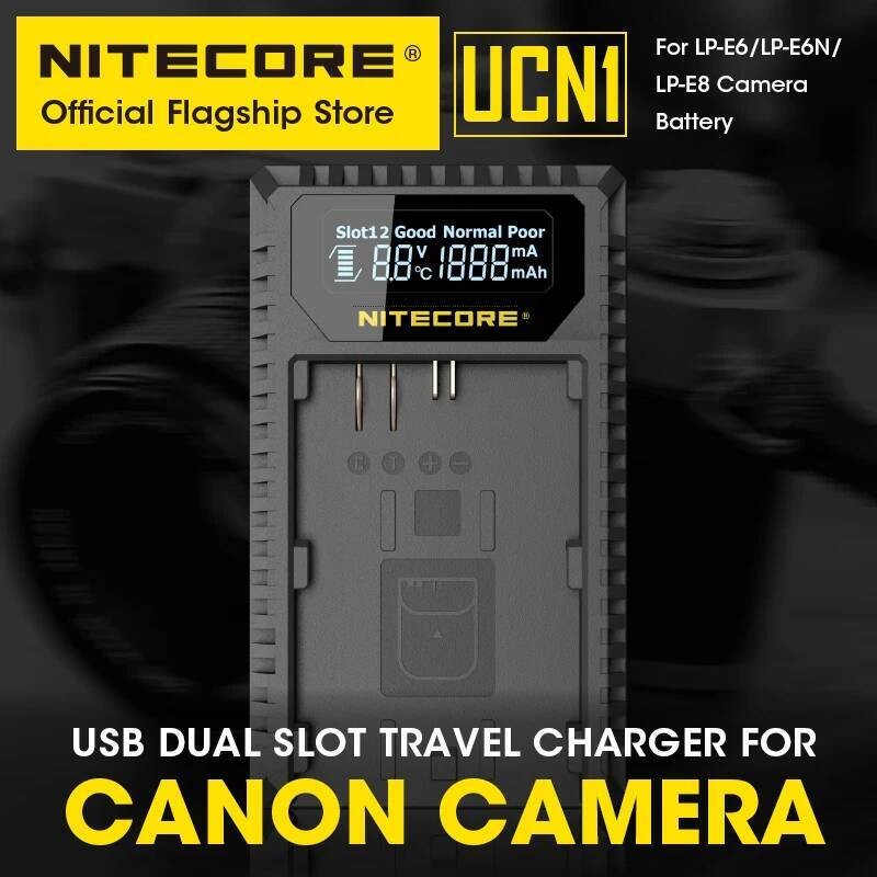 NITECORE UCN1 เครื่องชาร์จแบตเตอรี่กล้องดิจิตอล Daul Slot Travl เครื่องชาร์จ USB สําหรับ Canon LP-E6