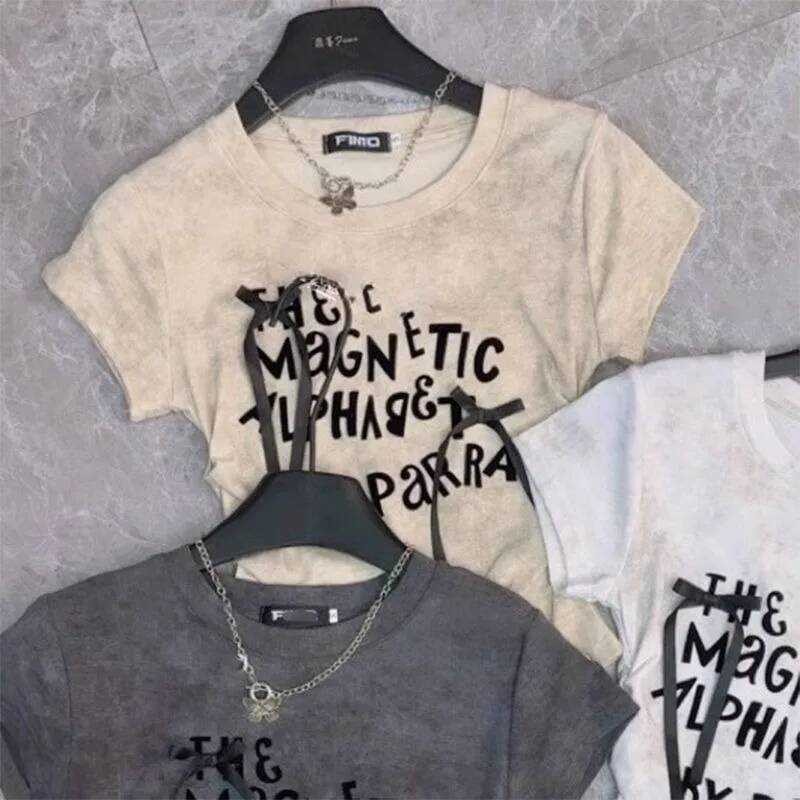 ▥ หวาน 3D โบว์พิมพ์ผู้หญิง T เสื้อ Y2k ฤดูร้อน O คอสั้นแขนเสื้อ Slim หญิงเสื้อเกาหลี Chic Lolit